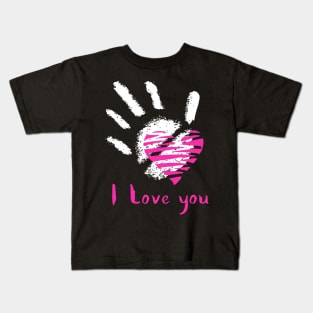 White Handprint and Pink Heart. I Love You Calligraphy Kids T-Shirt